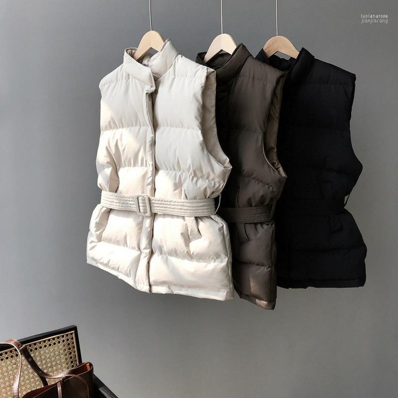 

Women's Vests Winter Keep Warm Sleeveless Vest Women Jacket Solid Harajuku Stand Collar Belt Puffer Outwear Loose Fashion Cotton Padded Luci, Beige