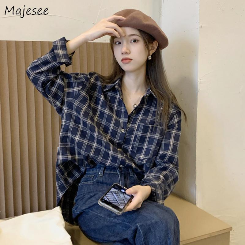 

Women's Blouses & Shirts Women Design Plaid Classic Long Sleeve Vintage Casual Tops Street Wear College Loose Couple Tender Harajuku Tempera, Blue