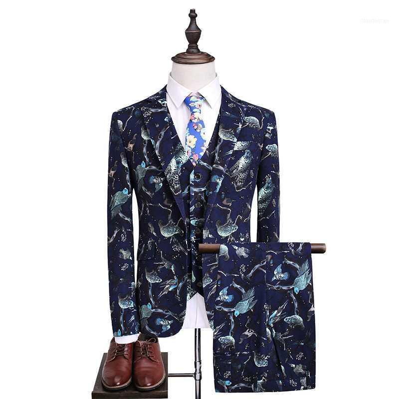 

Italian Fashion Design Flower Printed Costume Mens Suits 3 Pcs Set Groom Men Slim Fit Wedding Dress Prom Tuxedos1, Blue