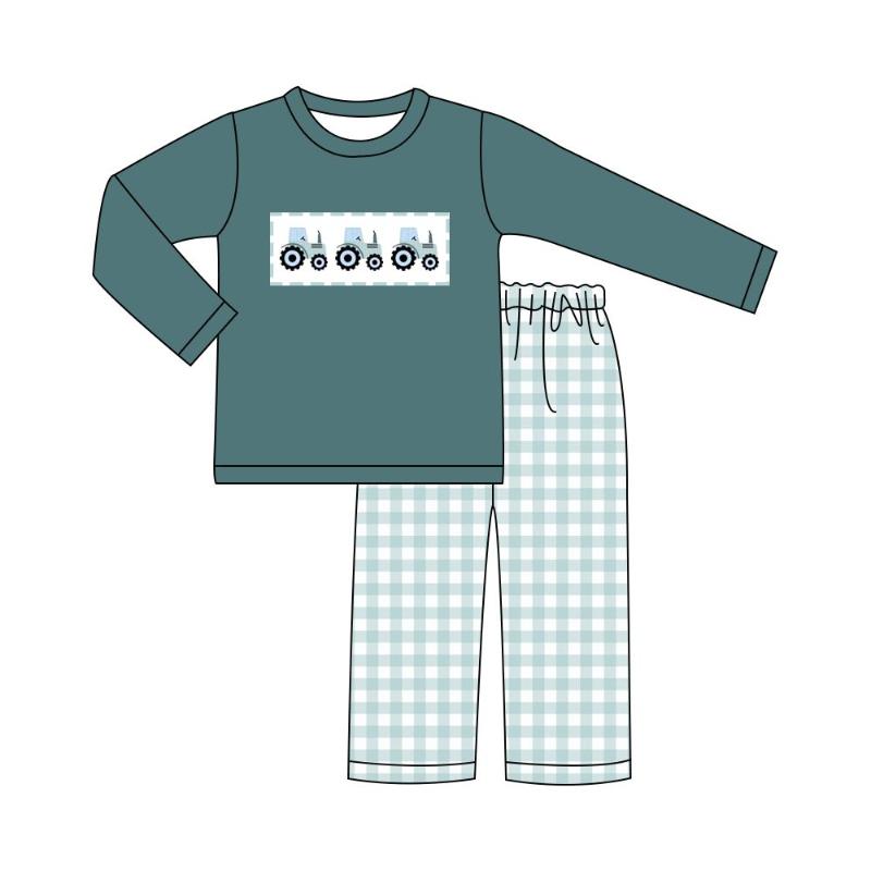 

Clothing Sets Autumn Clothes Blue Long Sleeve Top And White Plaid Trousers Three Tractor Embroidery Patterns Boys, 2bk2109-530