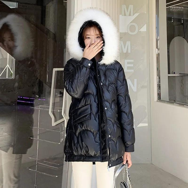 

Women's Down & Parkas 2022 Winter Jacket Women Coats Glossy Fur Collar Hooded Overcoat Thick Warm Female Long Cotton Padded Kare22, Black