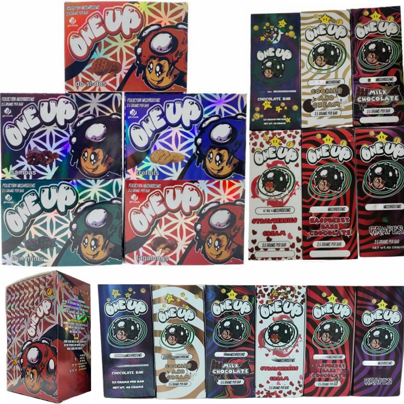 

One Up Chocolate Bar Packaging Boxes 3.5g empty milk chocolate grape per-bar 6 flavors strawberries cookies and cream Raspberry Dark chocolat with QR code display box