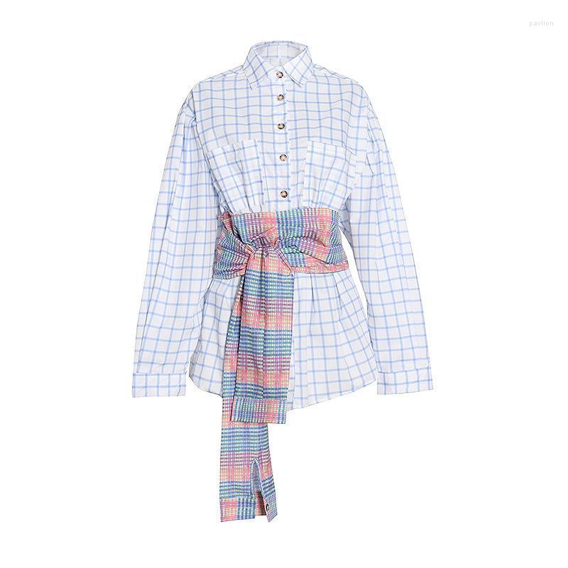 

Women's Blouses & Shirts Autumn Patchwork Casual Women Lapel Long Lantern Sleeve Blue Plaid Bowknot Single Breasted Shirt Females GF674Women, White