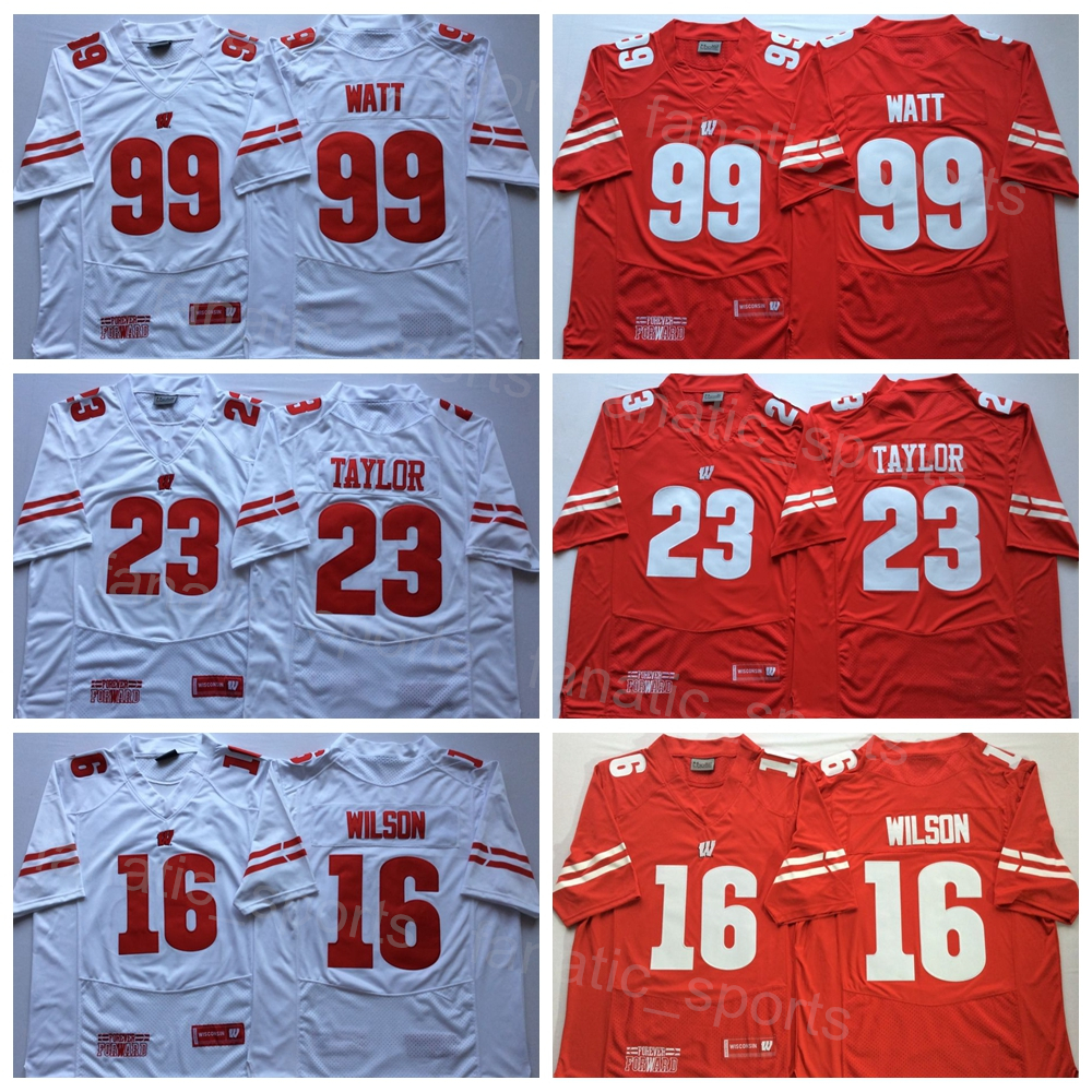 

NCAA Football Wisconsin Badgers College 23 Jonathan Taylor Jersey 16 Russell Wilson 99 JJ Watt University All Stitched Team Red White For Sport Fans Breathable High