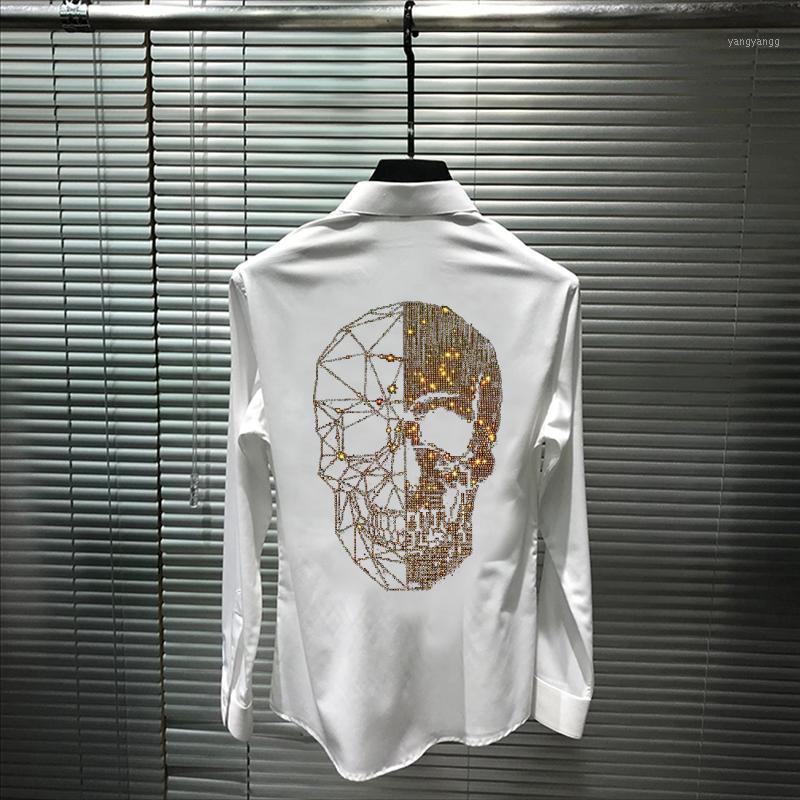 

Youth Four Seasons Men's Shirt Gradient Color Drilling Skull Design Cotton Personality Long Sleeves Casual Shirts, As shown asian size