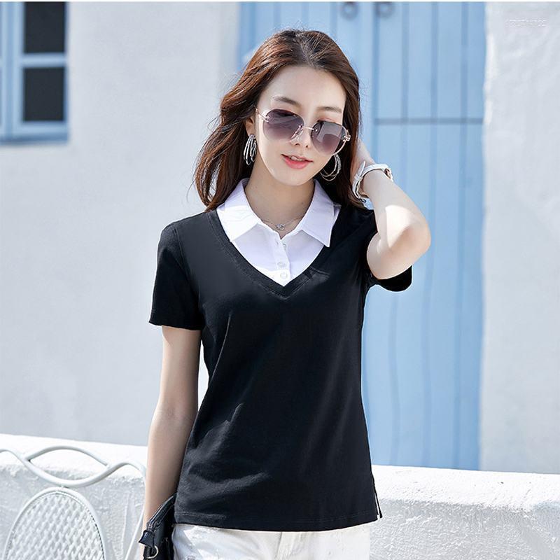 

Women' Polos Fashion Fake 2 Pieces T-Shirt Women Tees Summer Casual Ladies Solid Color Female Clothing Lapel Tops Fit Slim T Shirt, Claret