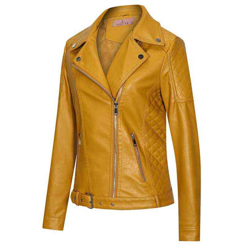 

Spring Autumn Ladies Slim Fit Leather Jackets Women Turn-down Collar Oblique Zipper Biker Coat Female Casual Outwear WF157 L220728, Pink