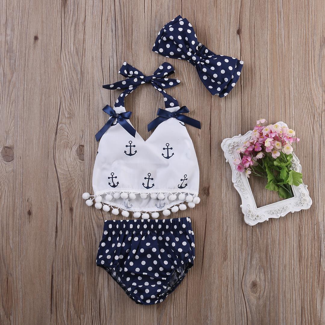 

Summer 3pcs Set Infant Baby Girls Clothes Anchor Tops Polka Dot Briefs Head Band Outfits Sunsuit 0-24m, As picture