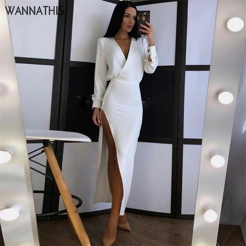 

WannaThis V Neck Long Sleeve Midi Dresses High Split Autumn Vintage Chic Party Wear Elegant Female White Aesthetic 220607