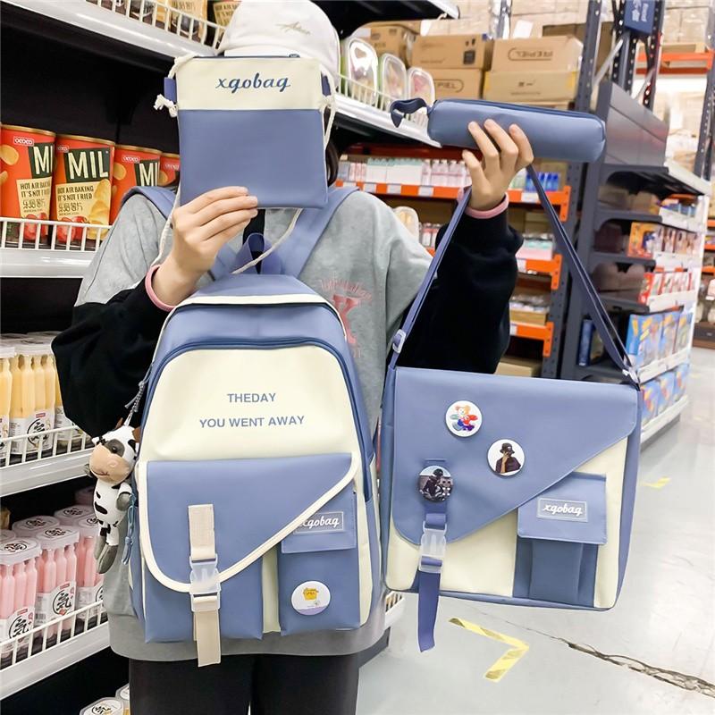 

School Bags 4 Pcs Set Nylon Women Backpack Large Capacity Bag For Girls Contrast Color Waterproof Travel Multifunctional Bookbags, Black