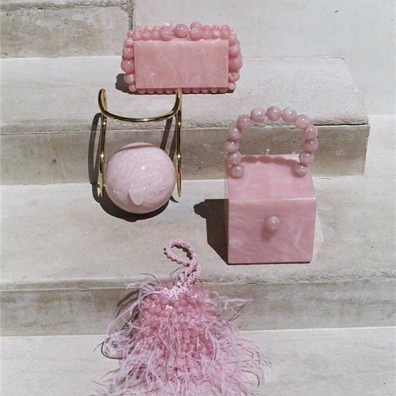 

New Brand Designer Luxury Ball Beads Pink Acrylic Clutch Woman Party Wedding Night Handbag Ladies Shoulder Bags Crossbody Bag