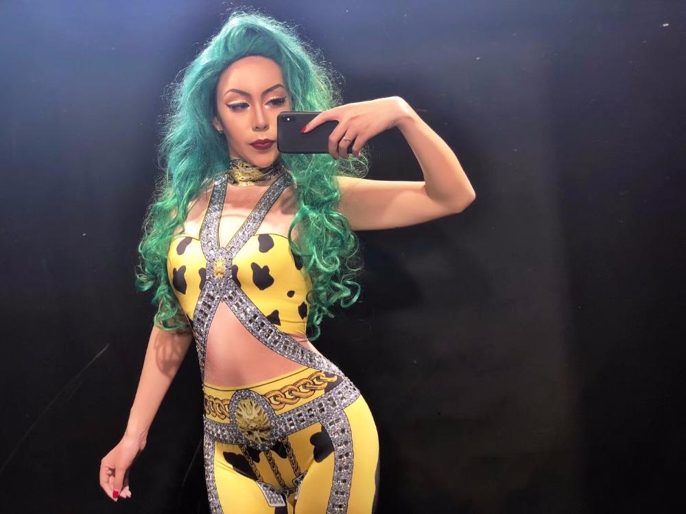 

Women's Jumpsuits & Rompers Women Sexy Nightclub Costumes For Singer Yellow 3D Printed Sparkling Crystals Bodysuit Dj Gogo Custom-MadeWomen', Jumpsuit