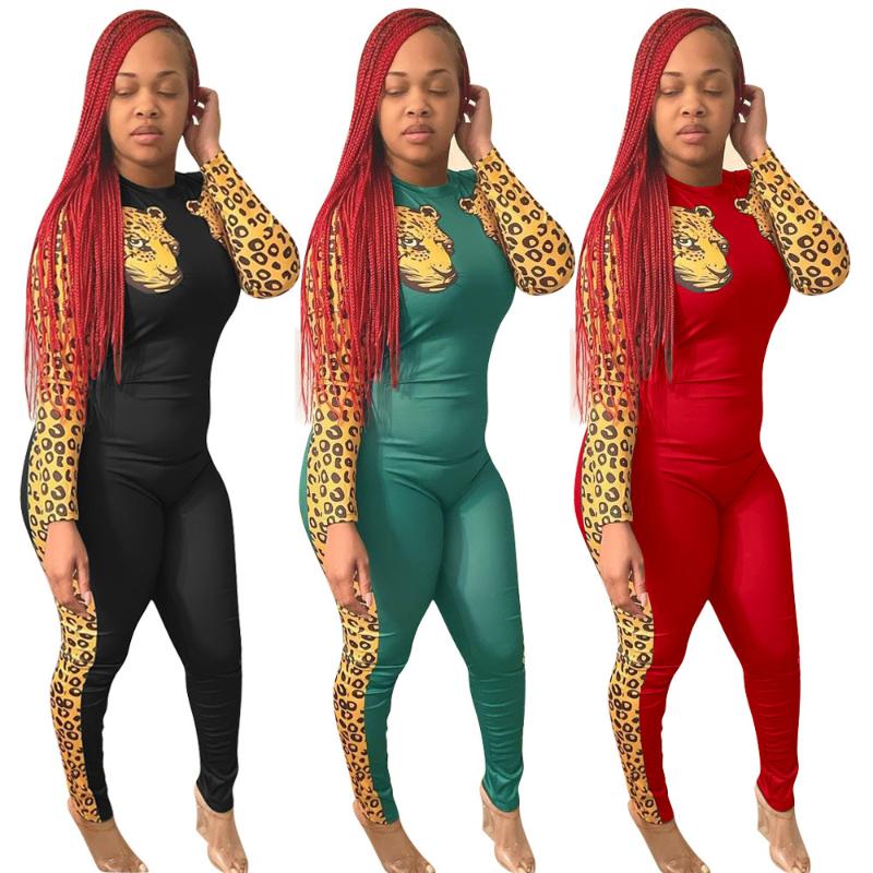 

Women' Jumpsuits & Rompers Leopard Print Casual Long Jumpsuit Women Sexy Bodycon Sleeve Pajamas Catsuit Winter Spring Clothing 2022Women, Black