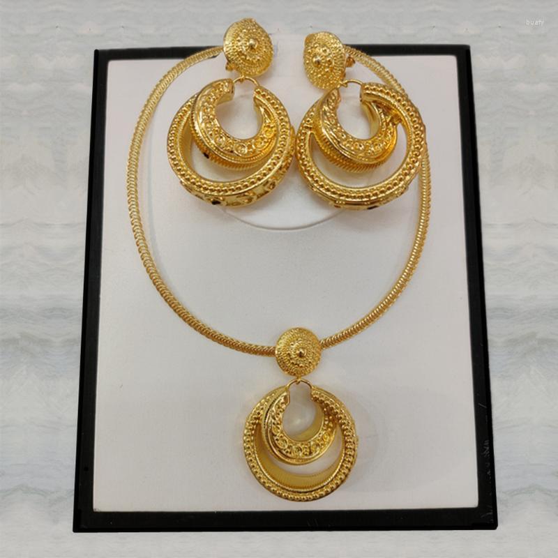 

Earrings & Necklace African Jewelry Set Fashion Dubai Wedding Pendant For Bridal Design Gold Plated Nigerian AccessoryEarrings, As pic