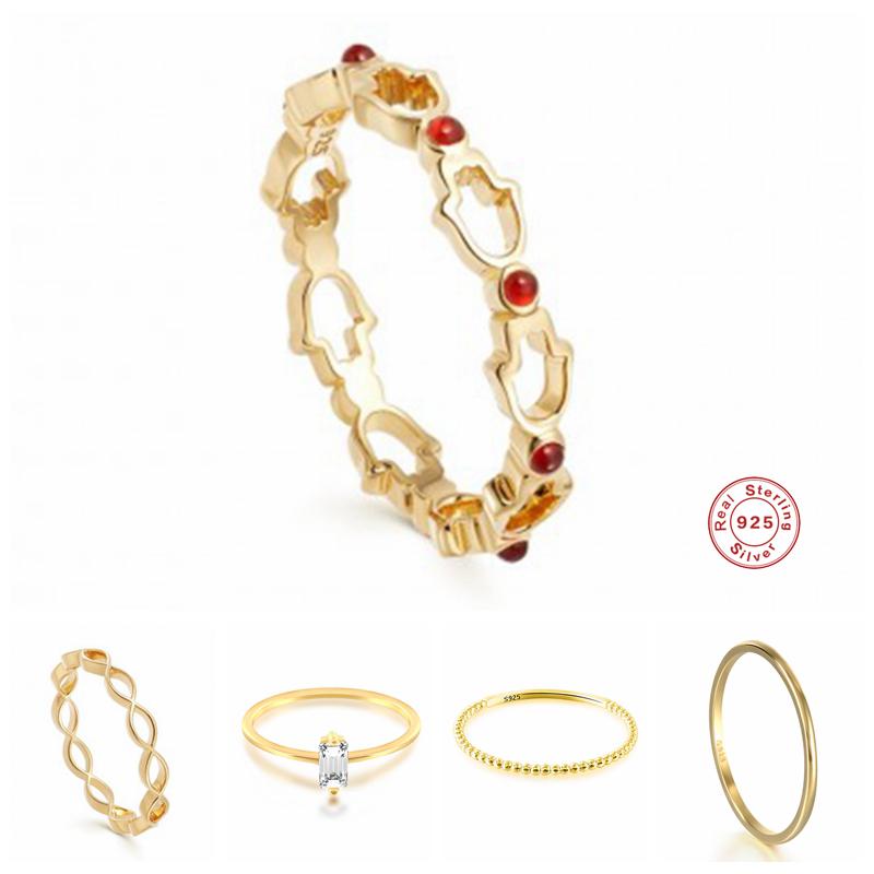 

Cluster Rings 925 Sterling Silver Delicate Red Gem Mosaic Hollow Opening For Women Clear Zircon Beads Twisted Circle Ring JewelryCluste