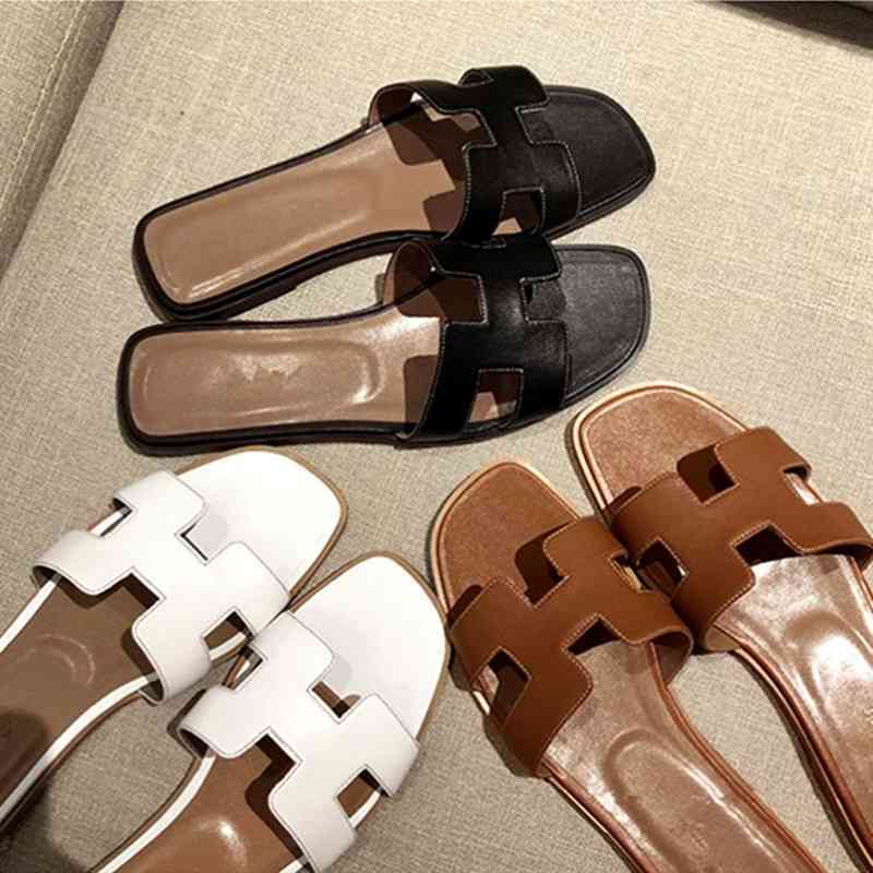 

Luxury Women Herme Slippers Summer Net Red Same Style h for to Wear Fashionable and Versatile Bottom Leather Flat Beach Sandals, Black