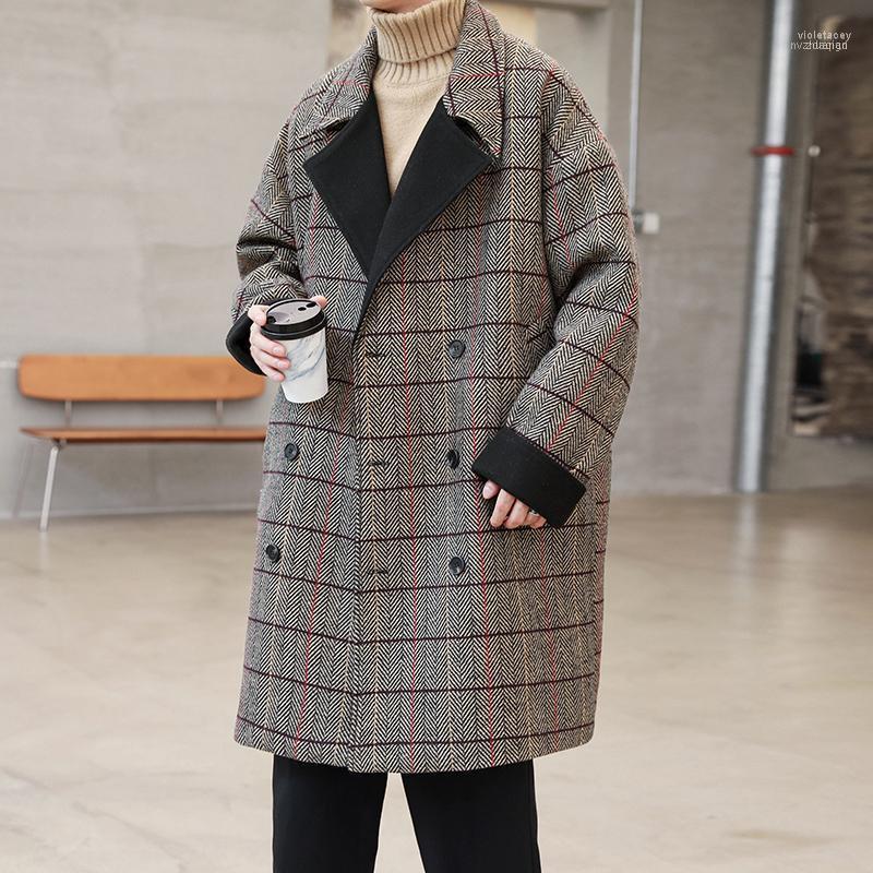 

Men's Wool & Blends Winter Plaid Long Woolen Coat Loose Trend Over Knee Trench Jackets Male Casual Outwear Harajuku Steetwear Windbreaker1 V, Dark grey