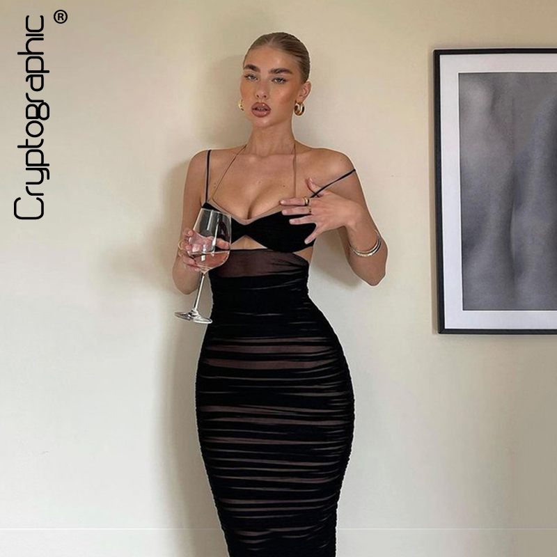 

Sexy Slip Cut Out Ruched Midi Dress Elegant Outfits for Women Club Party Sleeveless Backless Long Dresses Fall, Black