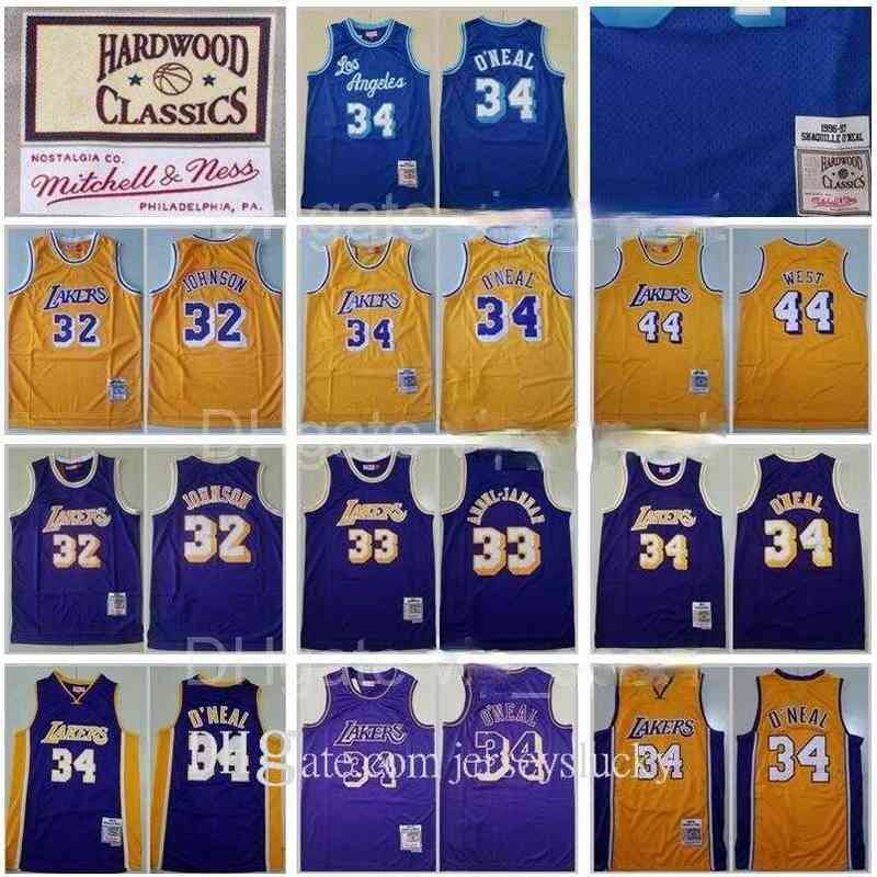 

Mens 1996 Mitchell and Ness33 Kareem Abdul Jabbar Jersey 32 Johnson 34 Shaquille ONeal O Neal 44 Jerry West Yellow Purple Blue Throwback