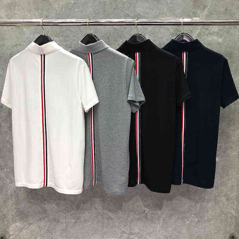 

TB THOM Men's T-Shirt Summer Fashion Brand Slim Casual Polo Tops Pure Cotton Tees Striped Back Turn Down Collar Blouses T-shirt, Styleb grey