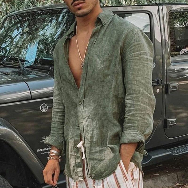 

Men' Casual Shirts 2022 The Listing Summer Cotton And Linen Shirt Men Fashion Solid Long Sleeve Tops Turn-Down Collar, Green