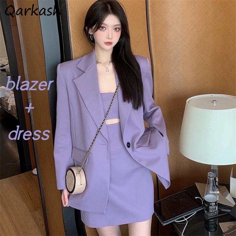 

Sets Women S3XL Summer Office Lady 2 Piece Purple Single Button Elegant Ins Tunic Blazer Aline Hollow Out Dresses Temperament 220816, Dress