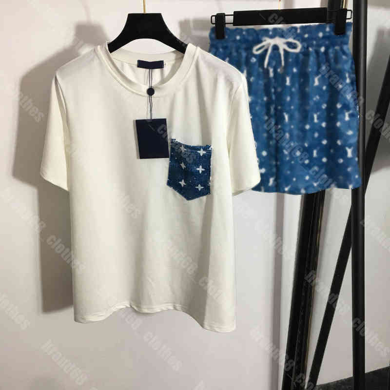 

Women Two Piece Pants Set Simple Cotton Tee Denim Printed Shorts Set White Crew Neck Pullover Breathable Sports Tee 2022 New Tracksuit Designer Female Apparel, 11