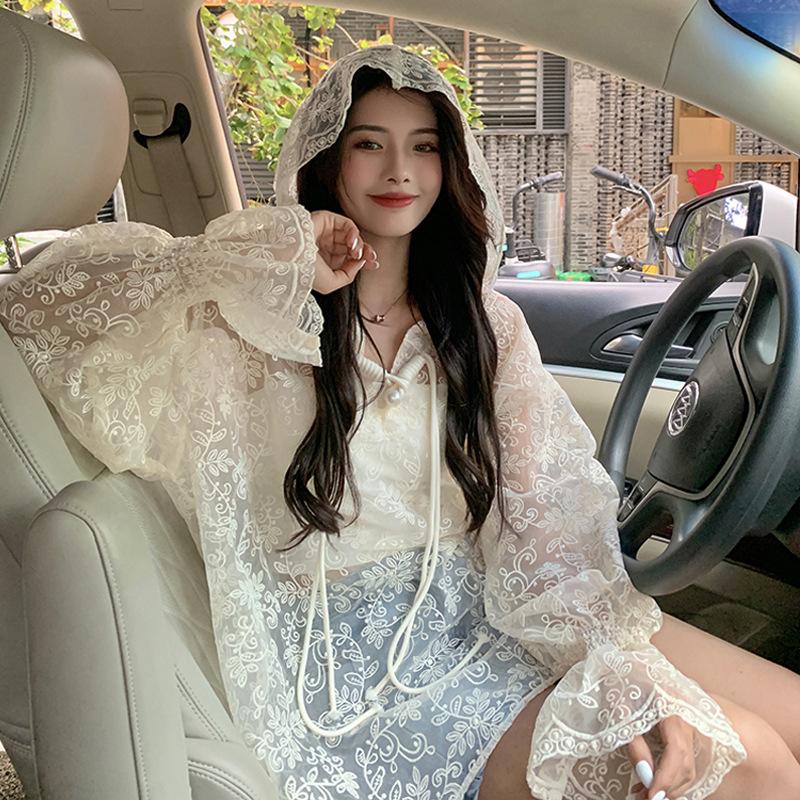 

Women' Hoodies & Sweatshirts Women Hooded Sunscreen Lace Shirt Spring Summer Korean Girls Chic Sweet Fairy Layered Thin Flare Sleeve Long, As shown
