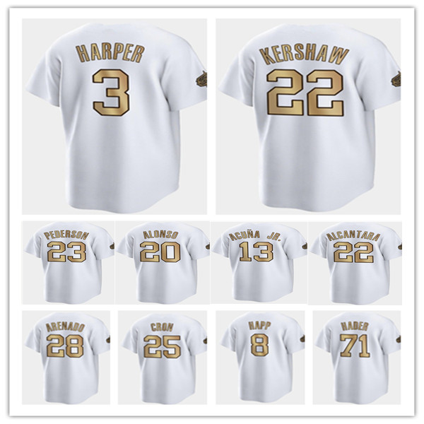 

2022 National All-Star Game White Gold Baseball Jersey Mookie Betts Ronald Acuna Jr. Pete Alonso Manny Machado Trea Turner Harper Cron Nolan Arenado William Contreras, As pic