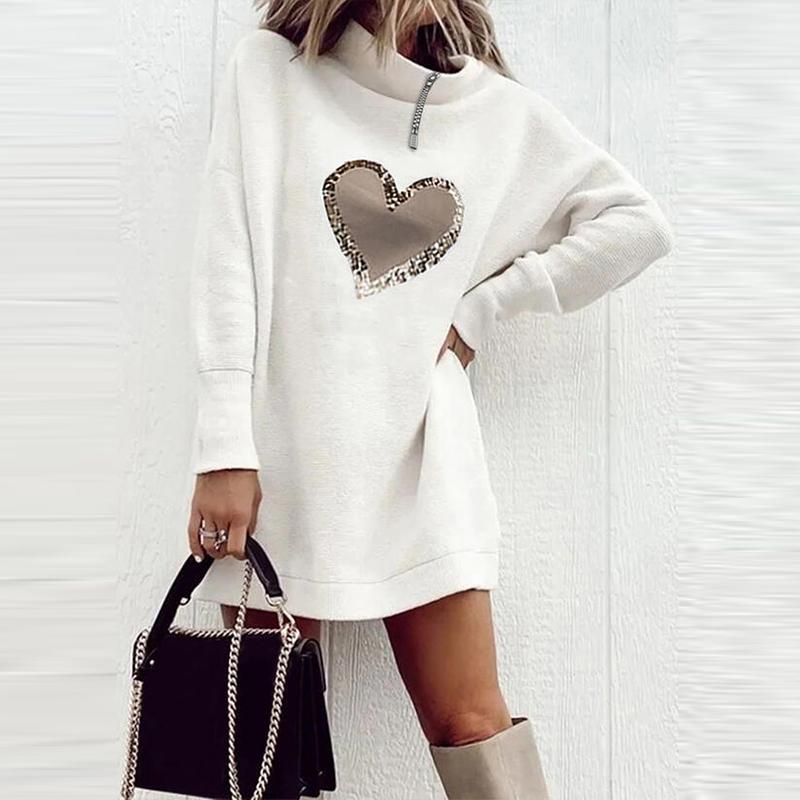 

Casual Dresses Women Heart Print Zip Turtleneck Dress Elegant Autumn Warm Sweatshirt Lady Vintage Long Sleeve Mini Vestido, Black;gray