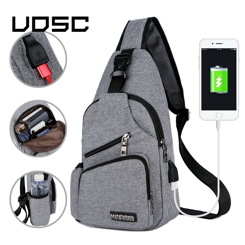 

UOSC Chest Bag Men With Side Bottle Pocket Canvas Sling Bag Shoulder Satchel Large Crossbody USB Charing Bag 201118, Grey