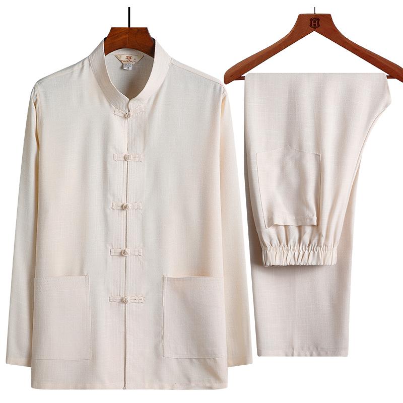 

Men's Tracksuits Novelty Cotton Linen Vintage Long Sleeve Tang Men's Casual Suit Chinese Style Solid Tai Chi Sets Button CostumeMen's Tr, C cream