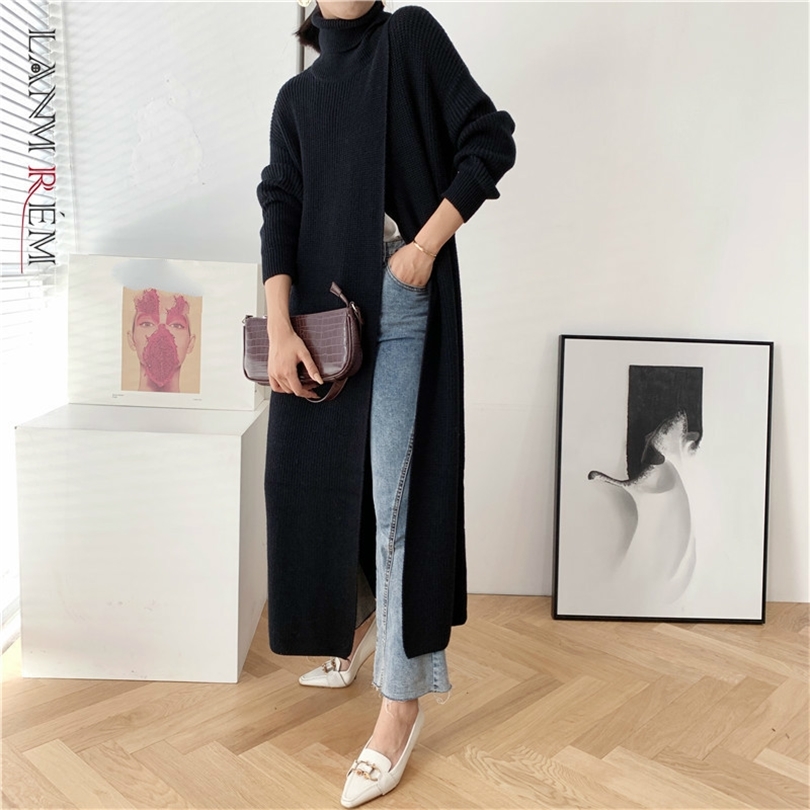 

LANMREM women's long turtleneck sweater design pullover base with split fit long sleeve new kintted clothes famale YJ968 210203, Black