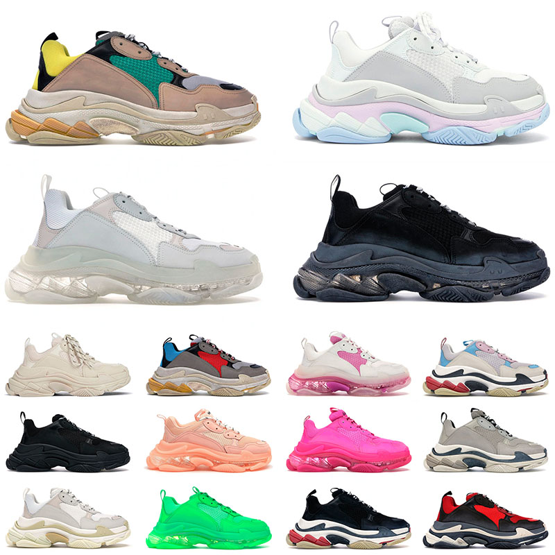 

High Quality Triple S Casual Designer Shoes For Mens Womens Clear Sole Neon Green White Black Rainbow Pink Crystal Blue Flat Sports Sneakers Trainers, C1 triple white 36-45