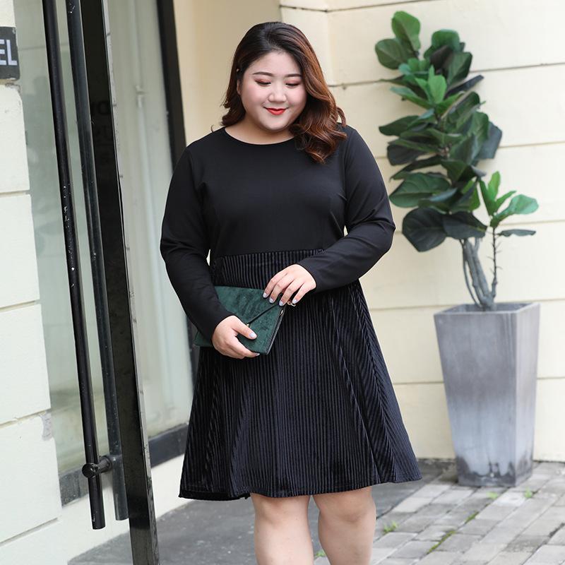 

Casual Dresses Spring Autumn Women 3XL To 7XL Plus Size Dress Patchwork Round Neck Long Sleeve Pleated Black T9005, Black;gray