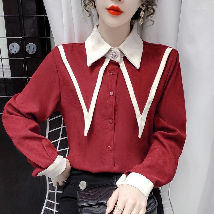 

Women' Blouses & Shirts Women Shirt Blouse 2022 Spring Color Matching Large Pointed Collar Top Blusas MujerWomen' Dway22, Black
