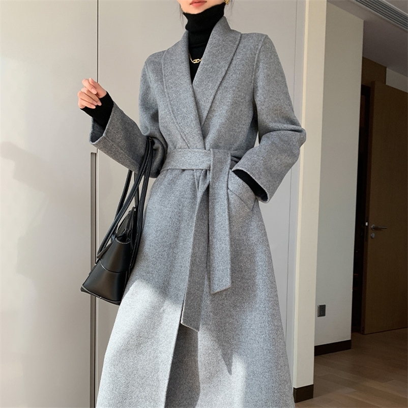 

Women's Wool Blends High-End Mid-Length Women Woolen Coat Loose Lace Up Temperament Long Women Wool Coat Elegant Double-Faced Cashmere Coat 220826, Camel