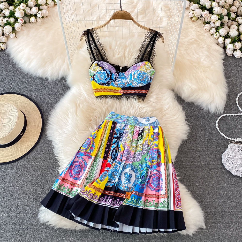 

Baroque Print Women Two Piece Dress Sexy Lace Suspender Top And High Waist Mini Pleated Skirt Outfits Casual Vacation Beach Suit Sweet Chic Woman Designer Set, Yellow