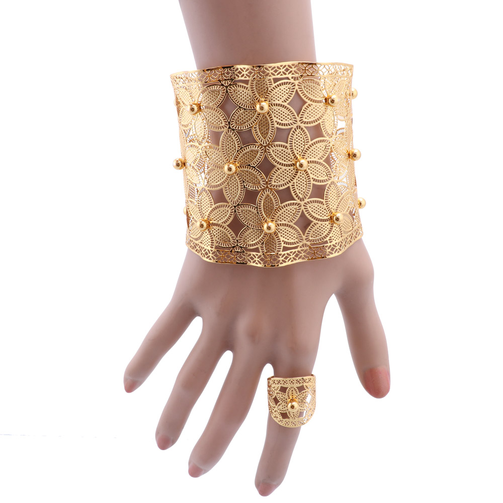 

Dubai Chain Cuff Bangle With Ring For Women Moroccan Gold Bracelet Jewelry Nigerian Wedding Party Gift Leaves Bracelet