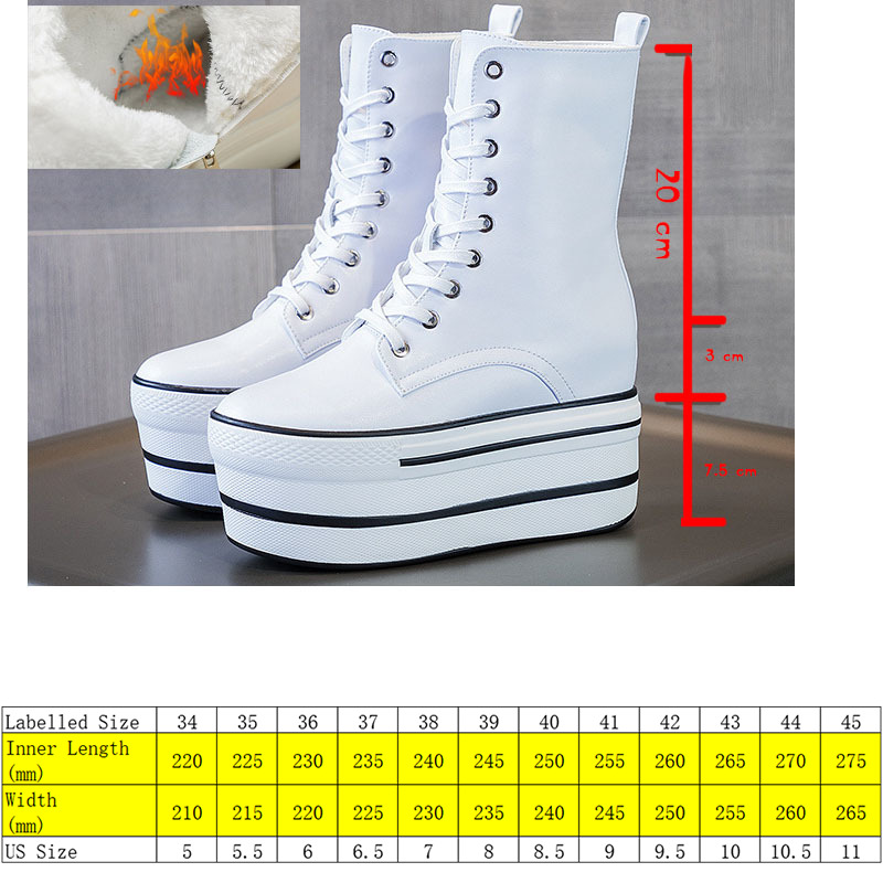 

10.5cm Super Thick Platform Wedge Hidden Heel Women Boots Punk Lace Up Women Ankle Boots Genuine Leather Winter Warm Shoes, White without plush