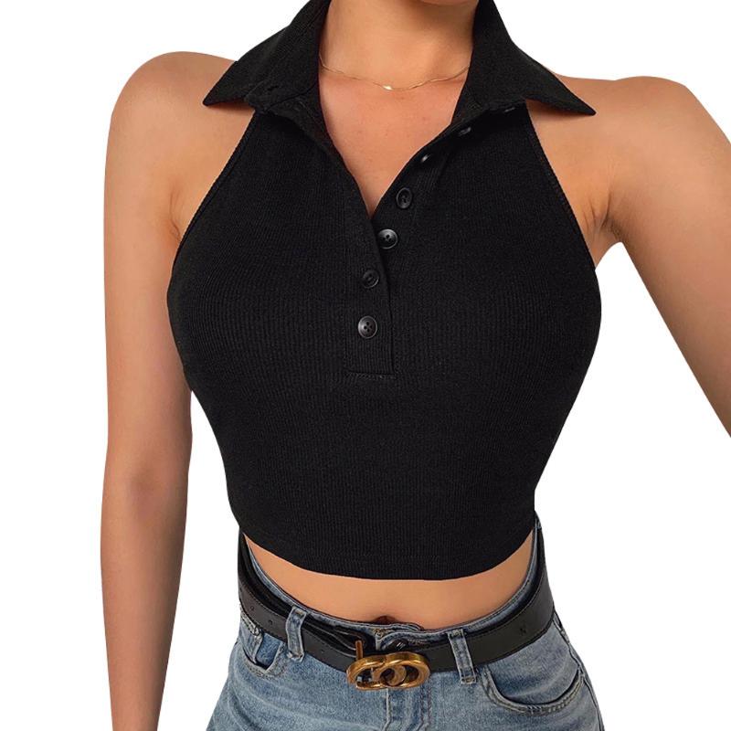 

Women' Tanks & Camis Y2k Cropped Famale Women Tank Crop Top Halter Buttons Ribbed V-neck Sleeveless Vest Slim Short Tops Solid Basic TeesWo, Beige