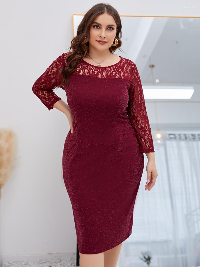 

Plus Size Dresses 5XL Party Women 2022 Autumn Lace Hollow Out Long Sleeve Bright Bodycon Dress Wedding Evening Club DressPlus Jasp22, Red