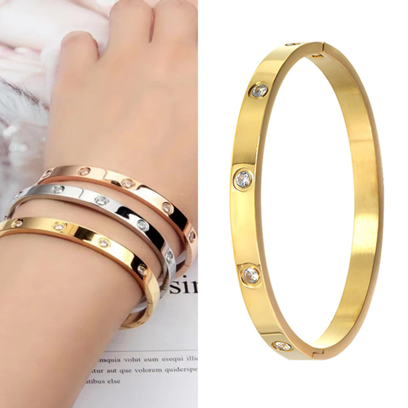 

Luxury Brand Crystals Love Bangles Cubic Zirconia Bracelets Couple Luxuxy African Jewelry Dubai Stainless Steel Bangles For Women Gift Designer Hand Accessories