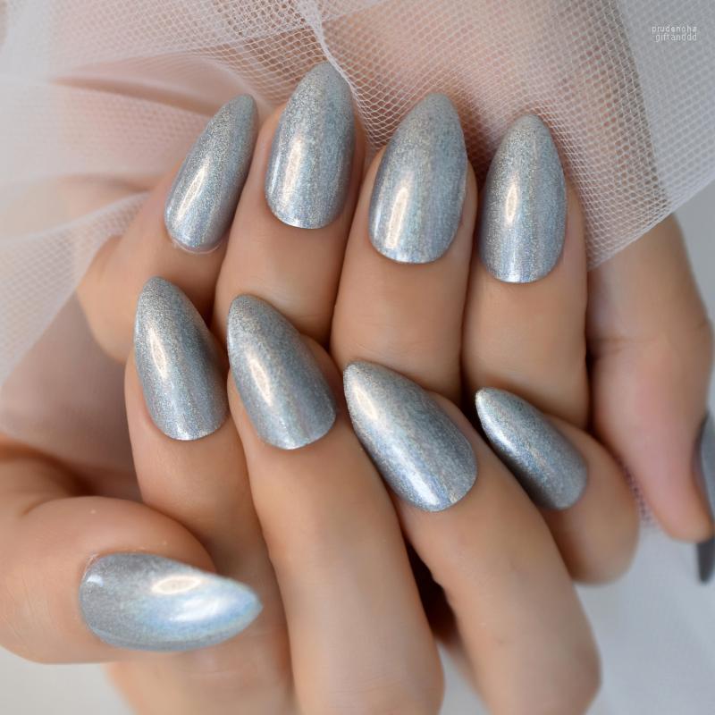 

False Nails 24pcs Glossy Silver Acrylic Gel Coated Galaxy Holographic Short Stiletto Fake Cute Almond Press On Prud22, L5814