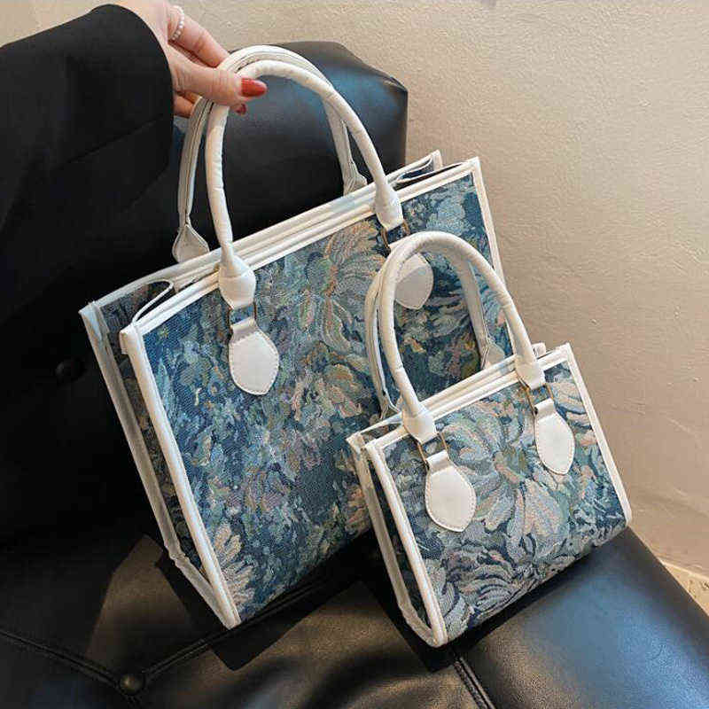 

Evening Bags Handbags 2022 Fashion Large Top Handle Flower Pattern Women Shoulder Bag Canvas Casual Tote Female Shopping Crossbody 220416, Blue-small
