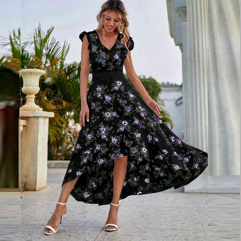 

Summer Floral Maxi Dress Women's New Sexy V Neck Hollow Out Lace Patchwork High Waist Ladies A Line Print Irregular Boho Dresses W220408, Black