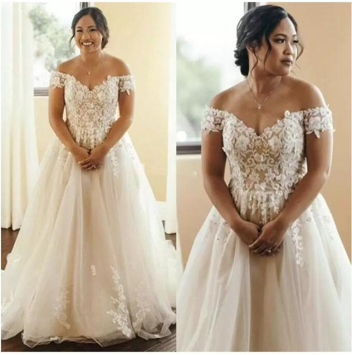 Elegant Lace Applique Wedding Dresses 2022 Off the Shoulder Tulle Sweep Train Plus Size Custom Made Beach Wedding Gown Vestido de novia B0606X11