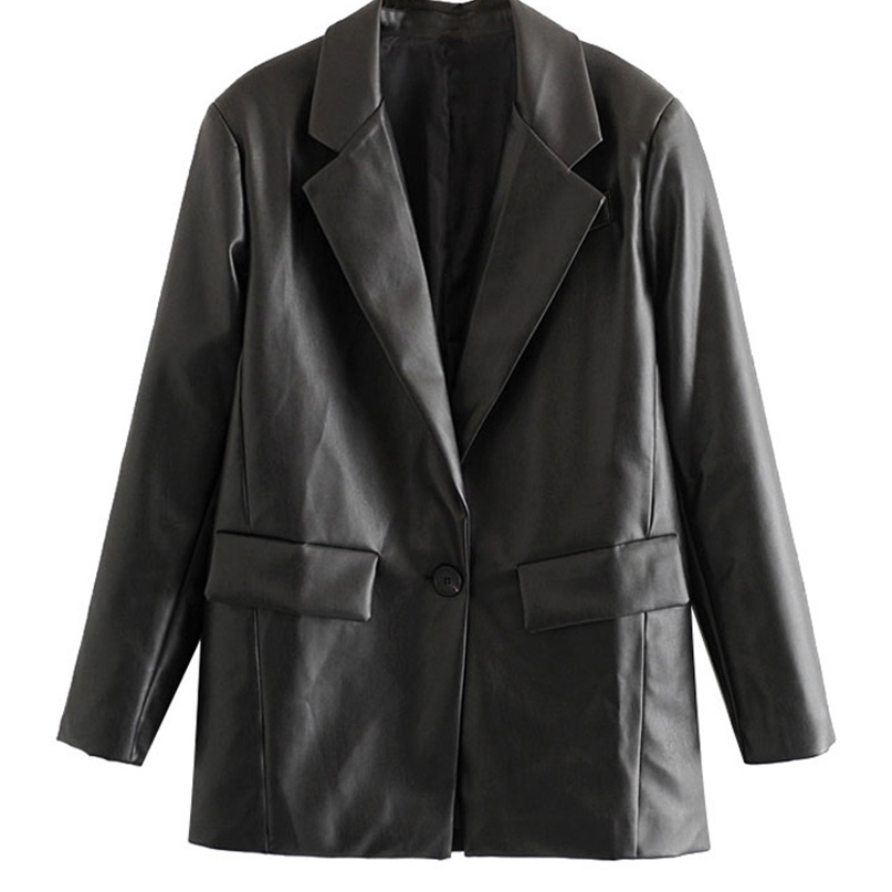 

TRAF Women Fashion PU Faux Leather Loose Blazer Coat Vintage Pockets Long Sleeve Back Vents Female Outerwear Chic Tops 220813, Black