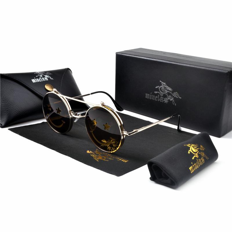 

Sunglasses Fashion Vintage Punk Style Flip Up Lens Clamshell Brand Design Metal Frame Folded Male Round Sun Glasses With Box NXSunglasses