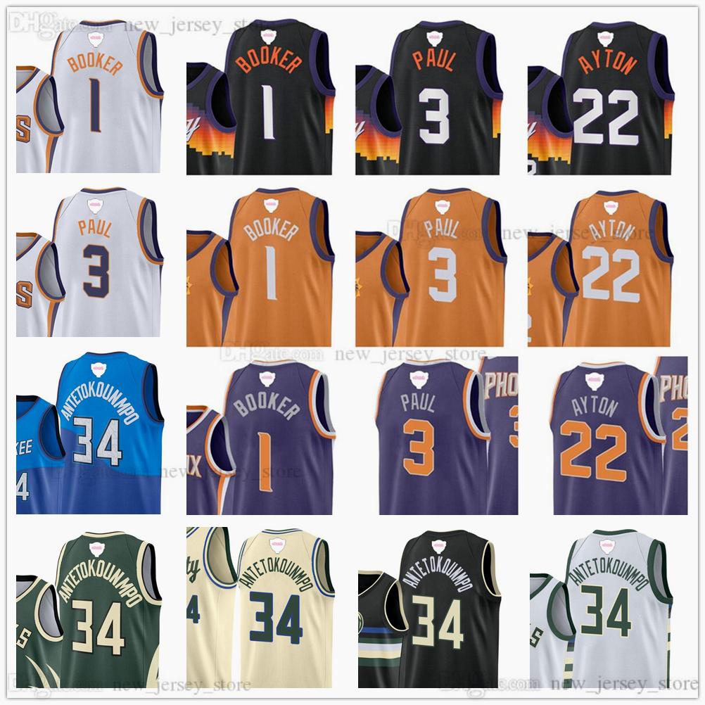 

2021 Finals Patch Devin 1 Booker Chris 3 Paul Basketball Jerseys 22 Deandre 34 Giannis Ayton Antetokounmpo Jersey Valley Black City White Gr, Same as picture